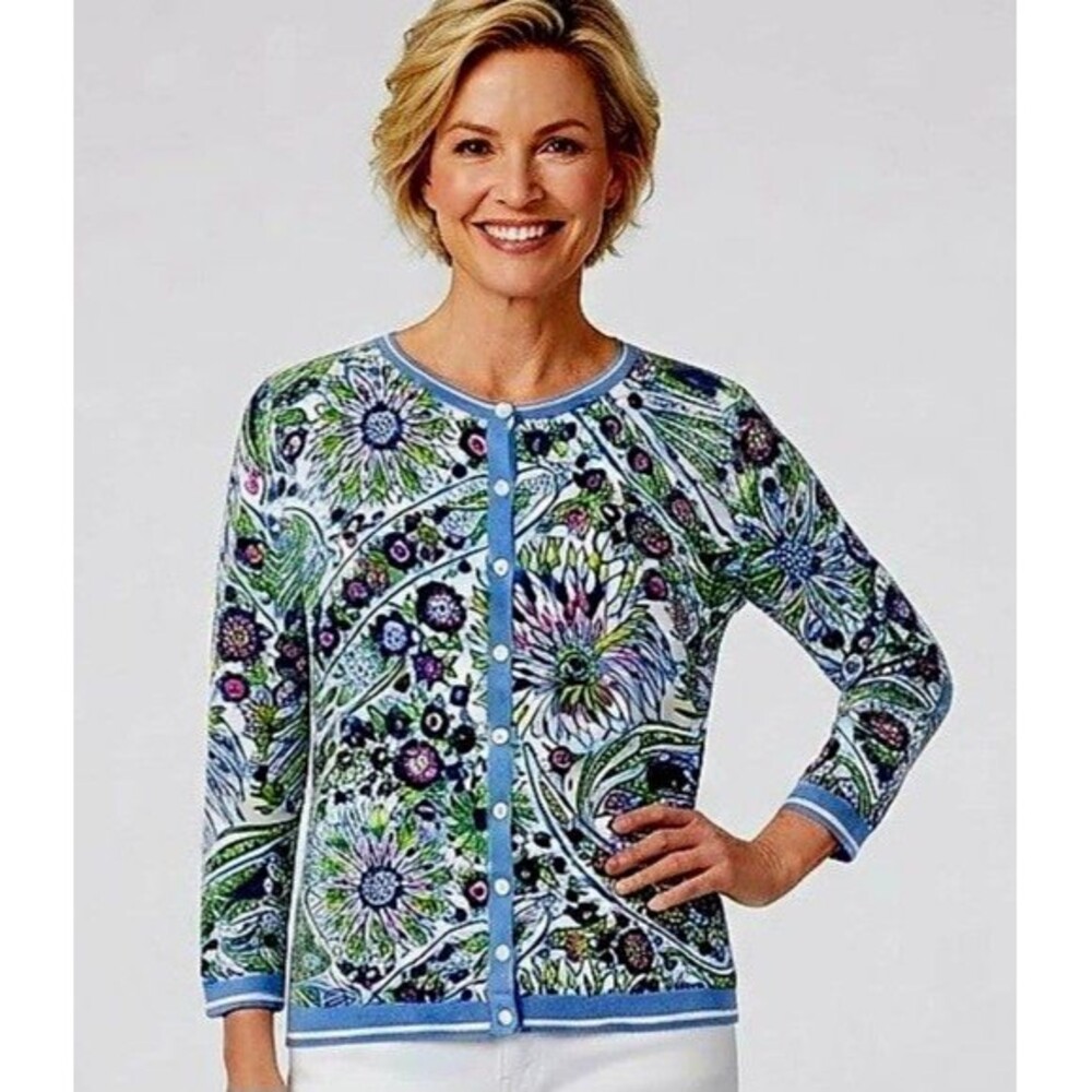 Talbots Womens Floral Button Front Cardigan Sweater Knit Lightweight Large